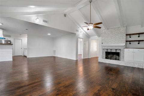 Wood burning fireplace with fabulous open shelving