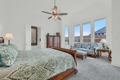 Bedroom with ceiling fan, carpet, and a high ceiling