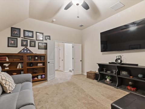 Media room featuring light carpet, a ceiling fan, and lofted ceiling