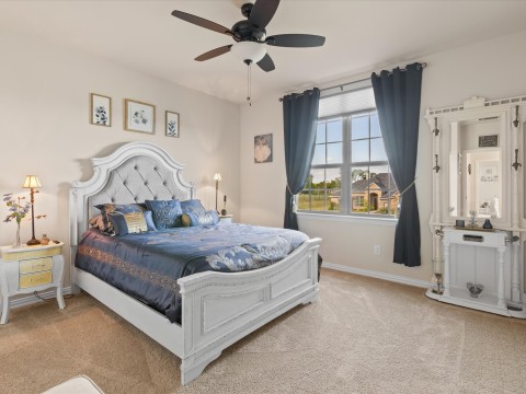 Bedroom featuring baseboards, light colored carpet, and ceiling fan with natural light