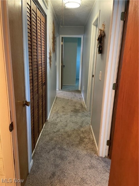 Corridor with a textured ceiling and carpet floors