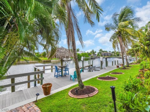 View of dock with a water view and a yard