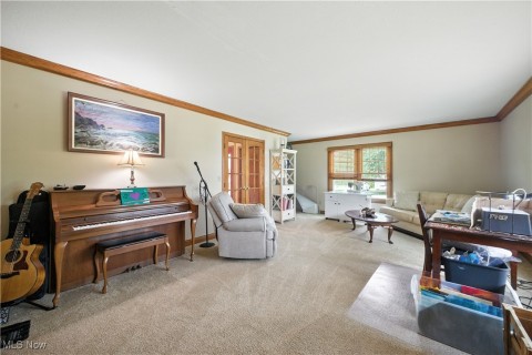 Living room featuring carpet and crown molding