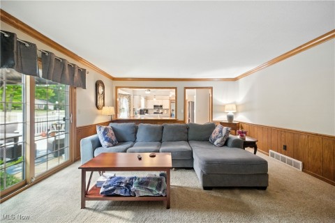 Carpeted living area featuring wainscoting, crown molding, and wooden walls