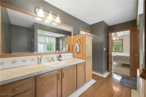 Ensuite bathroom featuring vanity, light wood-type flooring, and a ceiling fan