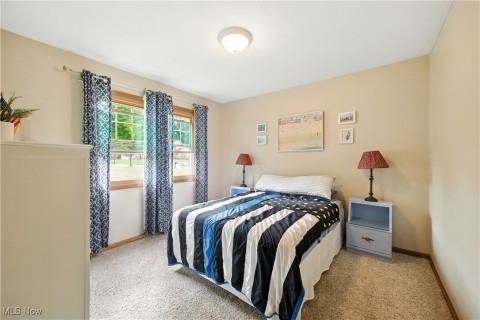 Bedroom with light carpet and baseboards