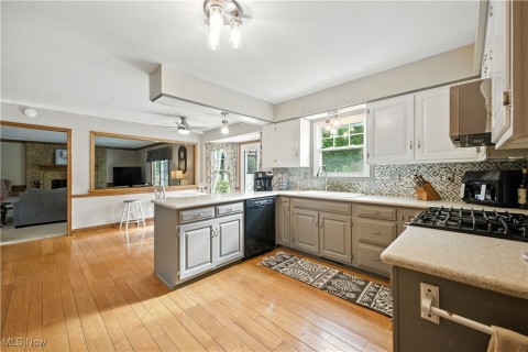 Kitchen featuring backsplash, a peninsula, light wood-style flooring, dishwasher, and a fireplace