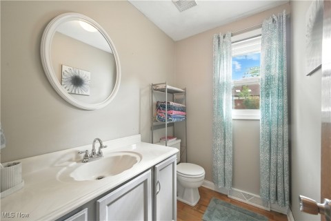 Full bath featuring vanity and light wood-style flooring