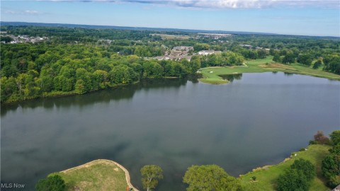 Aerial view of a nearby body of water and a forest