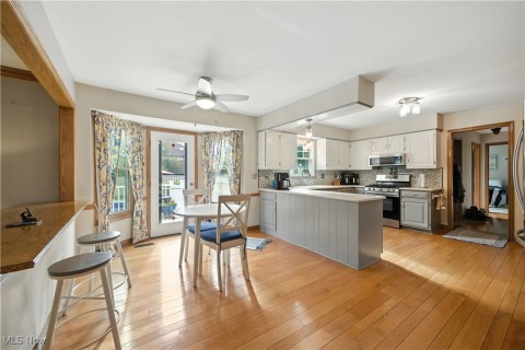 Kitchen featuring a peninsula, stainless steel appliances, backsplash, light wood-style floors, and light countertops