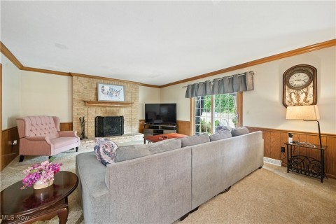Carpeted living area with a wainscoted wall, wooden walls, a fireplace, and ornamental molding