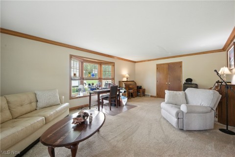 Living room featuring a desk, crown molding, and carpet flooring