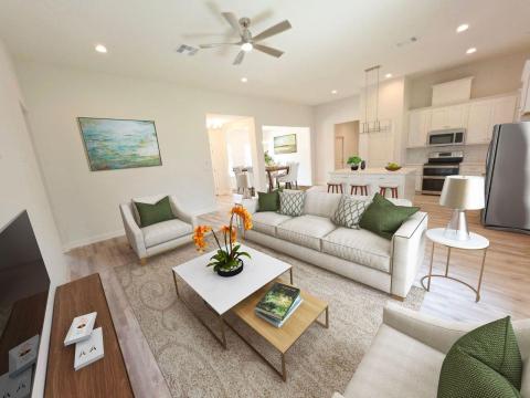 Living room with light wood-style floors, ceiling