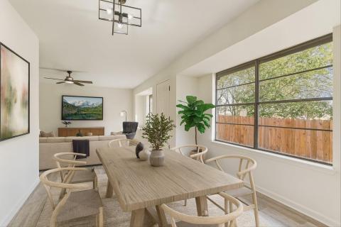 Dining area featuring light wood-type flooring an