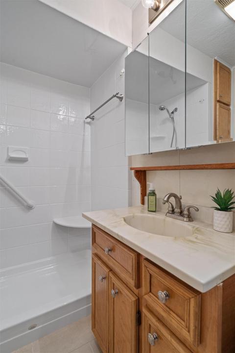 Bathroom featuring vanity, a shower, and tile pat