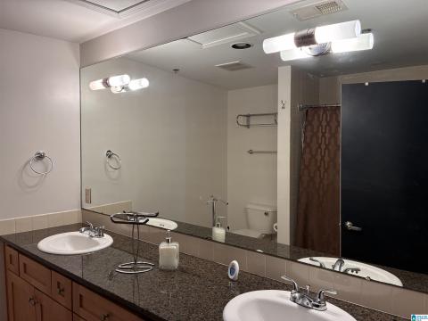 Bathroom vanity featuring two integrated sinks, a stone-finish countertop, and wood-finish cabinetry