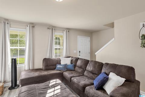 Spacious room featuring light-toned walls, wood-finish flooring, two large windows with blinds, and a white paneled door